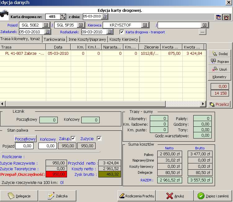Moduł pozwala rozliczać fracht, naliczać przepały, rozliczać delegacje i zaliczki kierowców Do danej karty drogowej moŝemy dowiązać zlecenia które zostały realizowane i powiązać koszty bezpośrednie