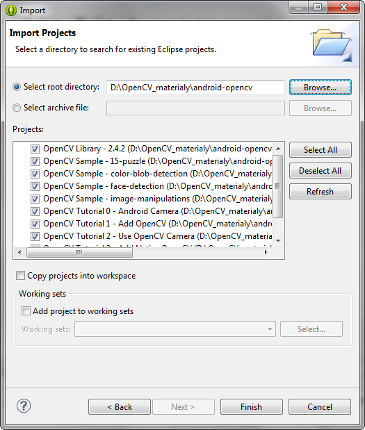 Rysunek 3.5 Krok 4: Okno wyboru projektów oraz biblioteki OpenCV do importu Krok 5: Całkowite wczytanie biblioteki do środowiska Eclipse oraz naprawa błędu uniemożliwiającego całkowity import.