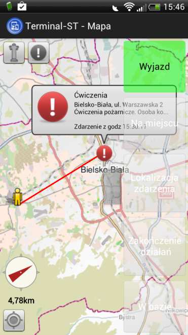 e) widok mapy centruje się na lokalizacji zdarzenia, dymek prezentuje dane zdarzenia (patrz Rys.10), f) przyciskiem z prawej strony mapy rozwinąć widok statusów zdarzenia (zielona strzałka patrz Rys.