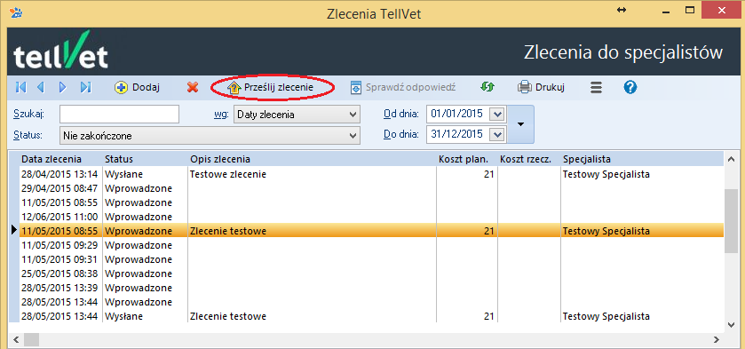 W przypadku, gdy po ustaleniu szczegółowych danych dotyczących zlecenia, w okienku, które pojawia się po kliknięciu na przycisk Wybierz wybierzemy przycisk Nie, zlecenie zostanie zapisane ze statusem