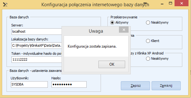 Następnie ustawiamy opcje: Serwer Lokalizacja bazy danych plik bazy danych Jeżeli baza jest na tym komputerze to pozostawiamy localhost Domyślna lokalizacja bazy danych: C:\\BRI\KlinikaXP\Data\Data.