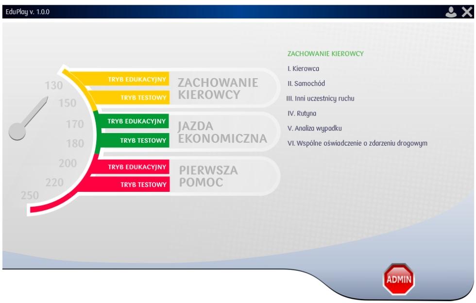 16 Na stronie głównej użytkownik ma podgląd wszystkich modułów tematycznych, do których ma dostęp. W ramach każdego modułu może on wybrać jeden z dwóch trybów: edukacyjny lub testowy.