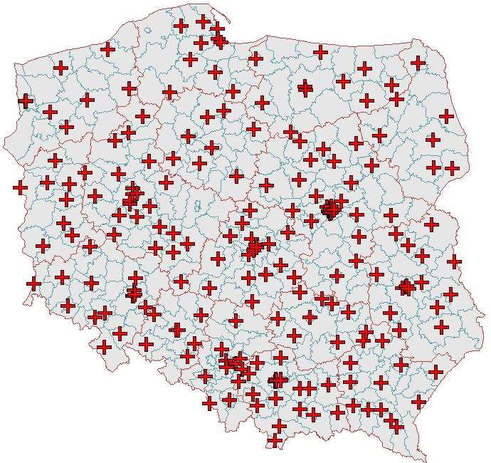 Rys. 3b Mapa Polski prezentująca rozmieszczenie SOR 115 Centra Urazowe Centrum Urazowe (CU) powinno zabezpieczać w zakresie świadczeń zdrowotnych populację nie mniejszą niż jeden milion mieszkańców,