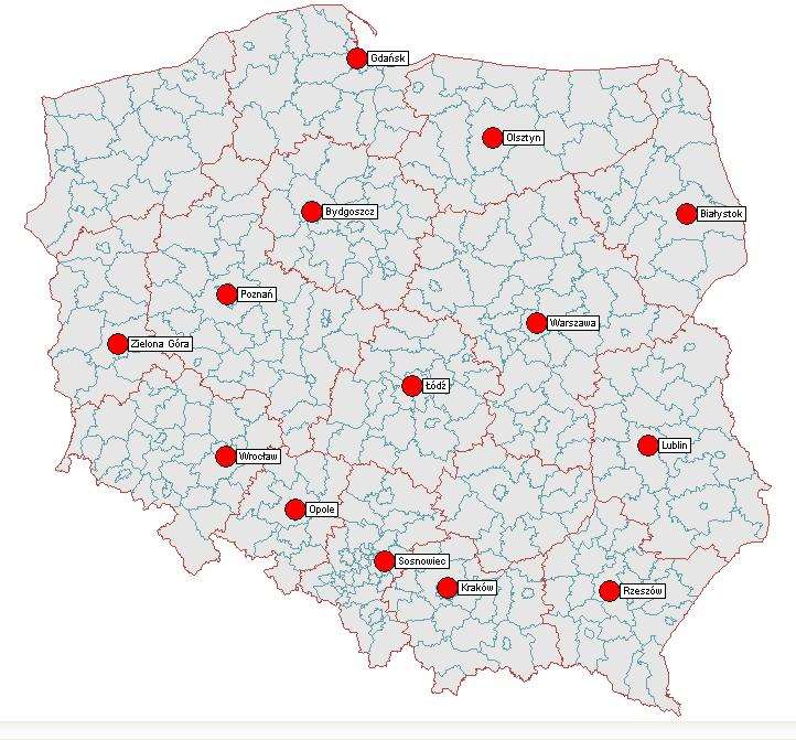 Rys.3c Mapa Polski prezentująca rozmieszczenie CU 116 Lądowiska/lotniska dla śmigłowców Zgodnie z Instrukcją Operacyjną SP ZOZ LPR wg stanu na 30.04.2015r.