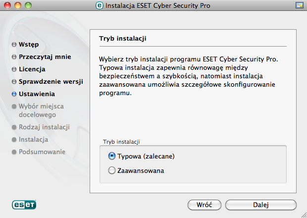 Typowa podczas instalacji zostaną skonfigurowane tylko najważniejsze parametry. Pozostałe parametry zostaną ustawione na wartości zalecane.