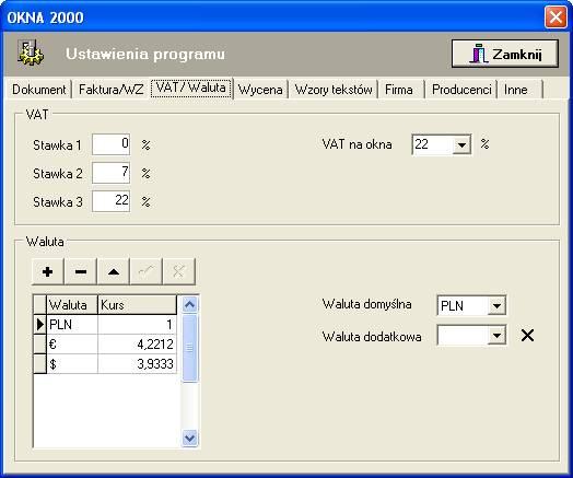 13 VAT / Waluta Ustawienia dotyczące stawek podatku VAT, jak również tabela kursów walut.