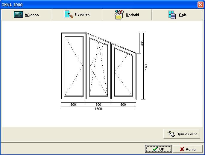62 Klikając przycisk Rysunek okna wchodzimy w edytor rysunku okna, opisany w rozdziale Baza rysunków. Należy pamiętać, że zmiana rysunku nie wpływa na zmianę ceny!