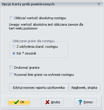 - 34 - Okno Opcje karty prób powtórzonych Znaczenie poszczególnych opcji: Obliczać wartość absolutną rozstępu Obliczenia odchylenia rozstępu JeŜeli opcja jest włączona to wartość rozstępu będzie