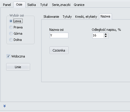 - 44 - Strona Osie/Nazwa Znaczenie poszczególnych opcji: Nazwa osi Odległość napisu Czcionka nazwa osi (zwykle X dla