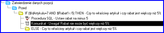 Rys. 30 Definicja komunikatu (Przykład 3) Warto zauważyć, że w treści komunikatu wyświetlamy zawartość zmiennej $Rabat1 a ponieważ w procedurze SQL ustaliliśmy jej wartość na -5 taka też liczba