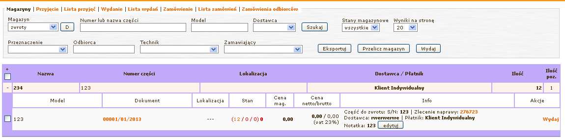 Wszystkie zarejestrowane tutaj części fizycznie pochodzą z realizowanego zlecenia, które jest wskazane w szczegółach pozycji. Pobranie do nowego zlecenia odbywa się za pomocą funkcji Wydaj.