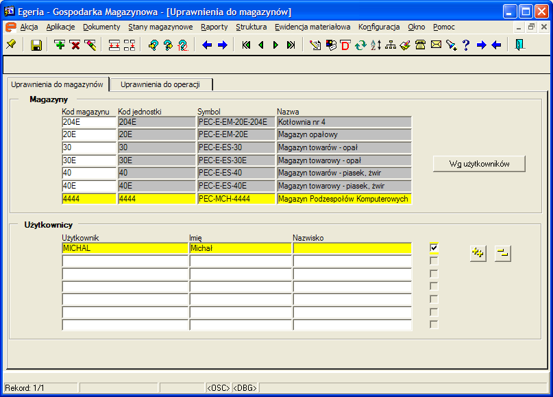Uprawnienia W formularzu Uprawnienia do magazynów (GOSPODARKA MAGAZYNOWA KONFIGURACJA UPRAWNIENIA) zawarty jest zestaw uprawnień, co do konkretnego magazynu i użytkownika profilu oraz operacji na