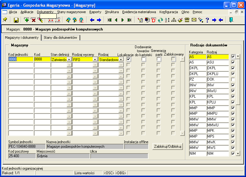 Założenie magazynu W module Gospodarka Magazynowa nowy magazyn konfigurujemy na podstawie założonej jednostki org. w strukturze, w formularzu Magazyny (GOSPODARKA MAGAZYNOWA KONFIGURACJA MAGAZYNY).
