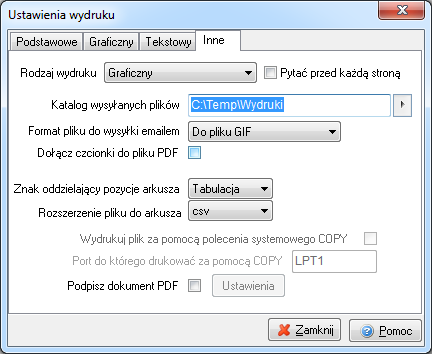 Rodzaj tabelki opcja dotyczy wyboru wyglądu tabelki. Tabelka prosta drukuje się najszybciej (na drukarkach igłowych). Ilość linii umożliwia wybór ilości linii na cal.