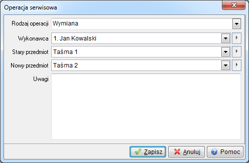 9. Zakładka Operacje serwisowe zakładka ta jest dostępna po włączeniu w konfiguracji systemu Obsługi składowych przedmiotu.