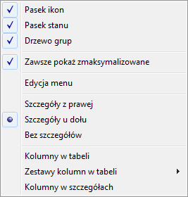 UWAGA! Prawy klawisz myszki (inaczej menu kontekstowe), użyty w różnych częściach okna, nie zawsze wyświetli takie same opcje, jak prezentowane w powyższym oknie.