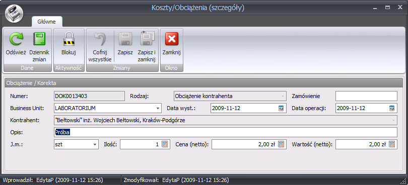 Ponadto edycji nie można poddać Obciążeń, które powstały na podstawie zamówienia Klienta. W takim wypadku po kliknięciu ikony [Edytuj] pojawi się komunikat o konieczności edytowania zamówienia.