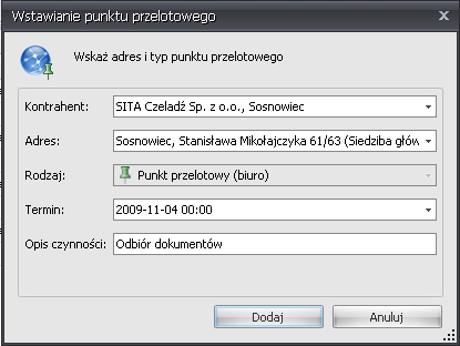 W wyświetlonym oknie należy wprowadzić niezbędne dane dotyczące punktu, który ma odwiedzić kierowca, w tym również opis wykonywanych na miejscu czynności.