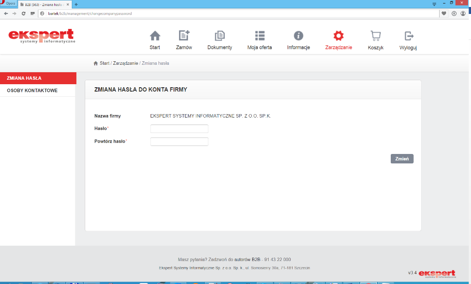 Zarządzanie W opcji Zarządzanie kontrahent posiada możliwość zmiany hasła do konta używanego w module B2B opcja Zmiana hasła w lewym menu.