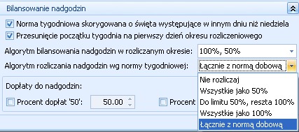 Do limitu jako 50%, reszta 100% - nadgodziny przekraczające normę dobową (wymiar) w dni pracy poniżej limitu dziennego zostaną potraktowane jako 50%, a wszystkie pozostałe nadgodziny, czyli powyżej