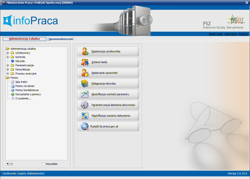 Rysunek 2 Okno główne dla użytkownika na poziomie centralnym z uprawnieniami administratora 3.