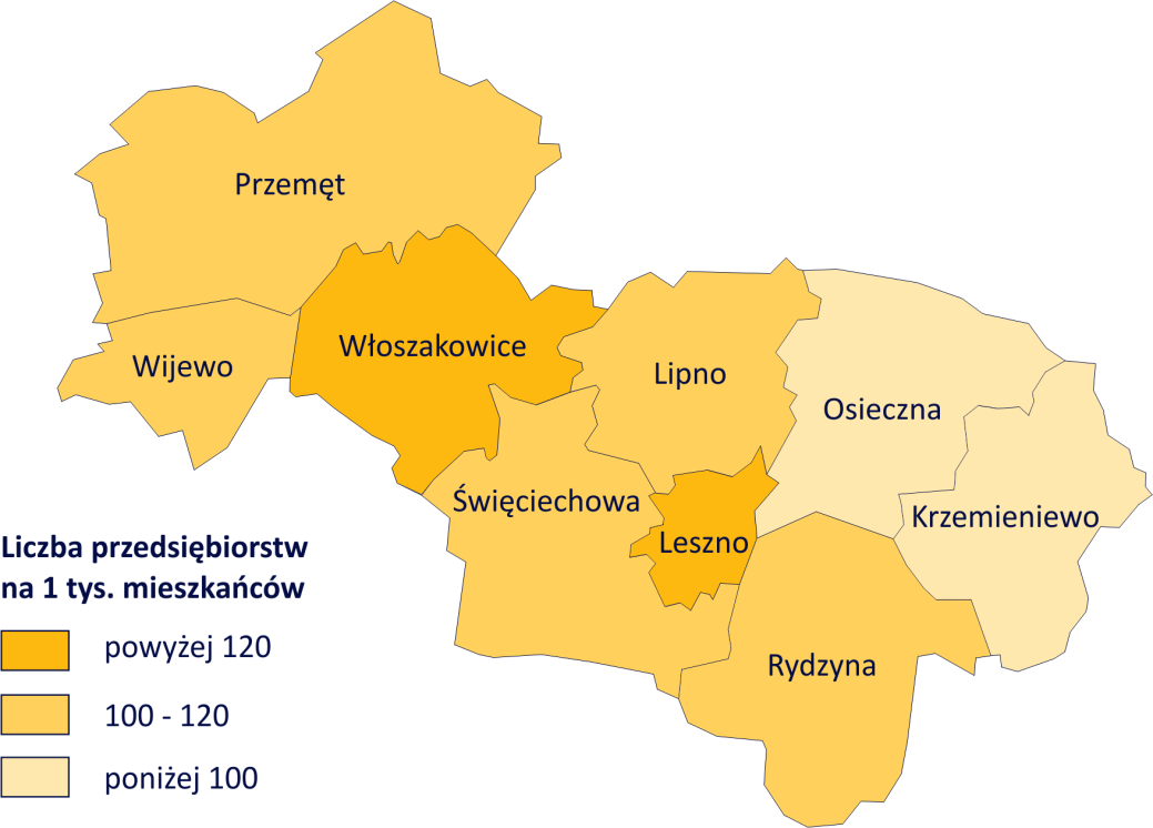 rodzaj jednostki (gmina wiejska, miasto na prawach powiatu itp.). W celu lepszego zobrazowania sytuacji w OFAL stworzono wskaźnik przedstawiający liczbę przedsiębiorstw w przeliczeniu na 1 tys.