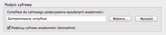Powracając do zabezpieczeń konta wybieramy nasz certyfkat do podpisywania wiadomości.