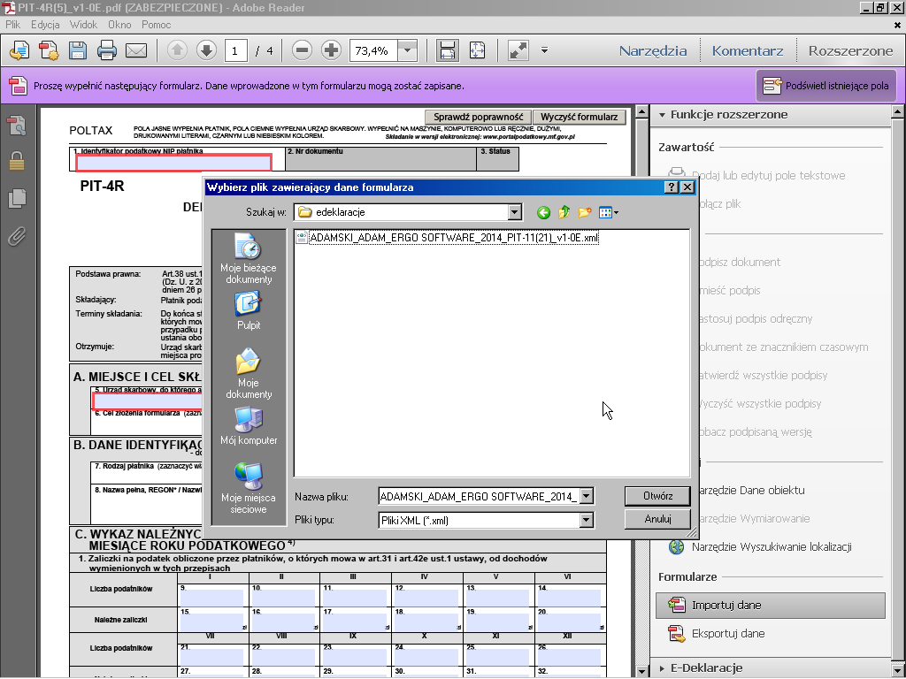 Przykładowo w Adobe Reader X import danych do formularza znajduje się w Rozszerzeniu, w Funkcjach rozszerzonych, polecenie Importuj dane. Rysunek 6. Adobe Reader X import danych z pliku XML.