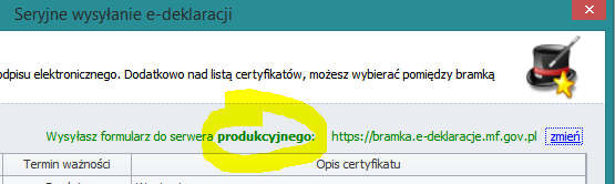 W kolejnym kroku kreatora, należy wybrać właściwy certyfikat do podpisania tworzonych e-deklaracji.