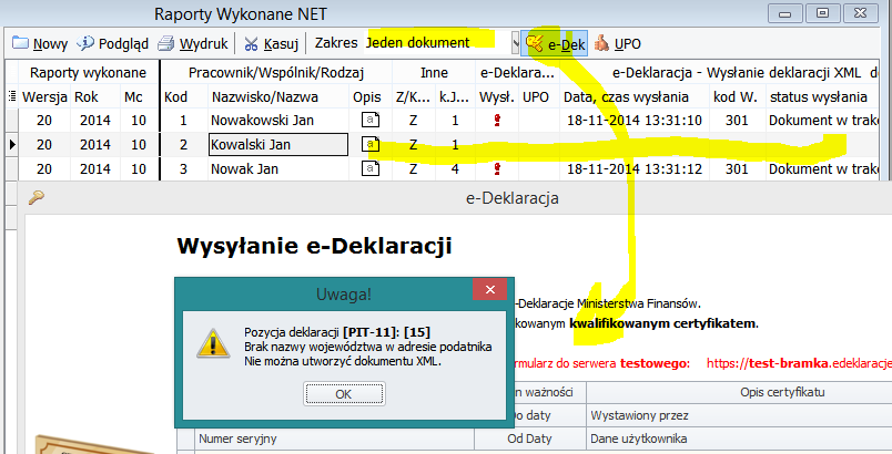 Rysunek 10. Przykład pominięcia wysłania jednej e-deklaracji, wraz z komunikatem przy ponownej próbie wysłania.