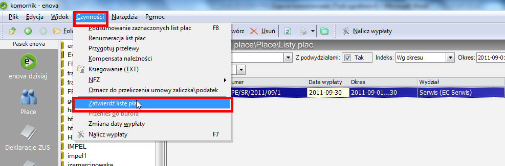 Aby wygenerować przelew dla komornika, należy zatwierdzić listę płac na której jest naliczone wynagrodzenie komornicze.