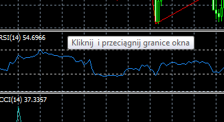 Jeśli zaś przeciągniemy ten wskaźnik na okno z RSI, to pojawi się on nam w oknie razem z RSI: Jeśli mamy dużo wskaźników w dolnych oknach, to możemy