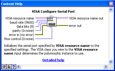 Rys. 9.12 Widok biblioteki z elementami do transmisji szeregowej Opis wybranych procedur do obsługi transmisji szeregowej za pomocą VISA: Rys. 9.13 Pomoc kontekstowa (Ctrl+H) do bloku konfiguracji VISA RS Visa Configure Serial Port służy do inicjalizacji komunikacji z portem szeregowym.
