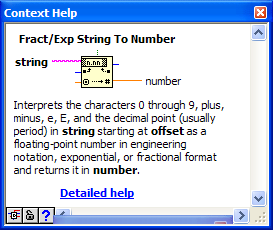 Rys. 12.2 Pomoc kontekstowa bloku Get Date/Time String oraz string subset Rys. 12.3 Pomoc kontekstowa bloku String Subset wraz z konwerterem fractional string to number Rys.