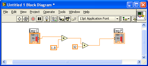 Rys. 1.11 Kompletny diagram programu konwersji temperatury 10. Zaznacz File»Save I zapisz VI pod dowolną nazwą z rozszerzeniem.vi we wskazanym katalogu. Zapis I uruchomienie VI 1.