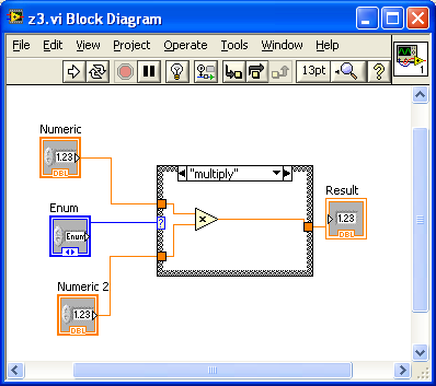 Rys. 1.14 Diagramy programu realizowanego w ZADANIE 3. Opcja Multiply ZADANIE 4. Generowanie pseudolosowego sygnału binarnego (PRBS) za pomocą Formula Node 1. Utworzyć nowy program.vi, 2.