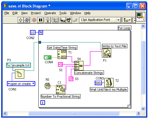 Rys. 2.8 Przykładowy diagram generowania danych I zapisywania ich do pliku o wskazanej lokalizacji Działanie programu. Generator liczb losowych Rundom Number (N1) generuje liczbę z zakresu 0-1.