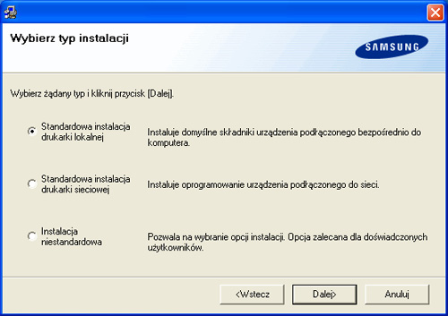 3. Kliknij przycisk Dalej. W razie potrzeby wybierz język z listy rozwijanej. 4. Wybierz opcję Standardowa instalacja drukarki lokalnej, a następnie kliknij przycisk Dalej.
