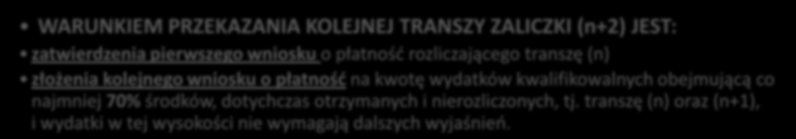 System wypłacania zaliczek beneficjentom Transza I Transza II PIERWSZA TRANSZA ZALICZKI (n): wypłacana jest Beneficjentowi na dotychczasowych zasadach, tj.