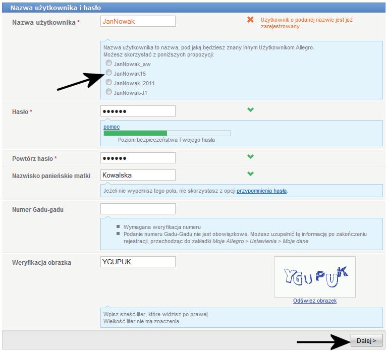 Aukcje internetowe Rysunek 6.11. Rejestracja w serwisie Allegro etap szósty b. Hasło i Powtórz hasło w obu polach wprowadź to samo hasło.