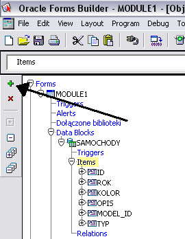 ĆWICZENIE 4 1. Uruchomić Oracle Forms Builder. 2. Utworzyć nowy formularz (File->New->Form) 3. Nawiązać połączenie z bazą danych (file-connect). 4. Utworzyć blok danych (Data Block) oparty na tabeli SAMOCHODY: 4.