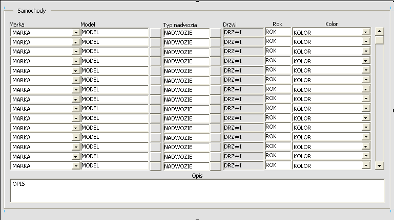 17. Zapewnij wygląd formularza zbliżony do zamieszczonego poniżej: 18. Dodaj listę wartości (LOV) o nazwie LOV_TYP. Do jej utworzenia wykorzystaj kreator list wartości (LOV Wizard).