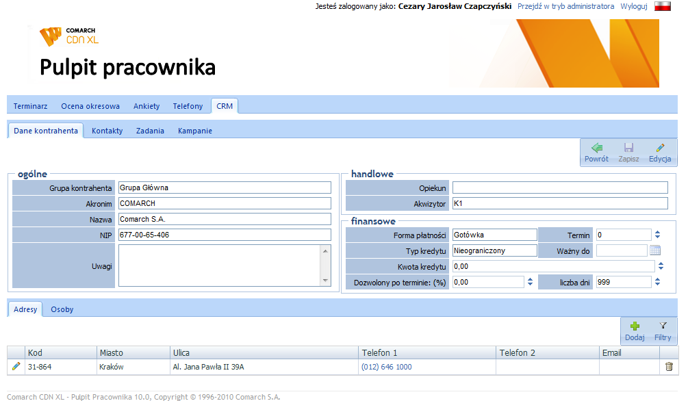 Dodatkowo niezależny od listy jest widok podstawowych informacji o kontrahencie oraz prowadzonych dla niego działaniach CRM.