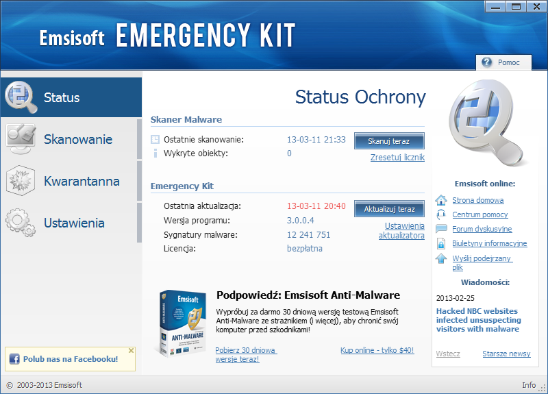 8 Skaner Emergency Kit Skaner służy do sprawdzenia komputera w celu wykrycia złośliwego oprogramowania. Wykorzystuje podwójny silnik skanujący, dlatego zapewnia wysoką wykrywalność szkodników.