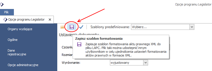 Domyślnie ustawiony jest szablon formatowania wg technik prawodawczych.