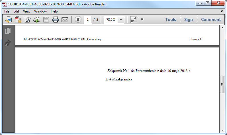 Po eksporcie do PDF otrzymam następujący widok: Teraz uzupełniając datę i numer aktu w momencie podpisywania (czy też