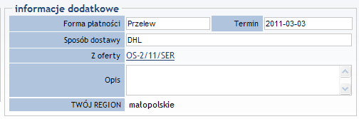 mój numer- numer zamówienia u kontrahenta stan data wystawienia waŝna do- data waŝności data realizacji realizacja Rysunek 16.55 Szczegóły zamówienia, sekcja: nagłówek zamówienia.