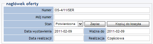 Akcje Elementy MoŜliwe jest uŝycie następujących opcji: Powrót powrót do Listy ofert Drukuj - drukowania aktualnie wyświetlanej oferty sprzedaŝy do dokumentu PDF Kopiuj elementy do koszyka opcja