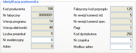 B 24 DTR.PC.PR.SG.MODBUS 5.2. Odczyt identyfikacyjny przetwornika Przykład ramki danych identyfikacyjnych. Wartości tylko do odczytu są wyszarzone.