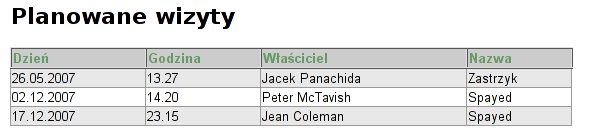 Rysunek 5.4: Lista planowanowanych wizyt w aplikacji Spring MVC Rysunek 5.